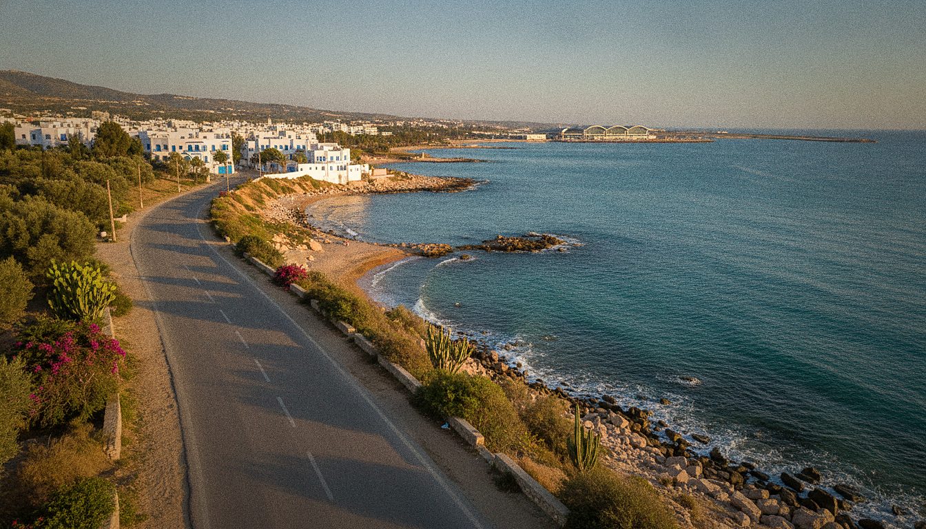 Route côtière vers Sidi Bou Saïd au départ de l'Aéroport de Tunis-Carthage