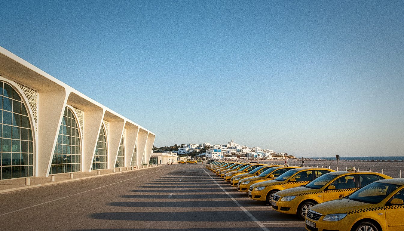 Taxis jaunes devant le terminal de l'Aéroport de Tunis-Carthage